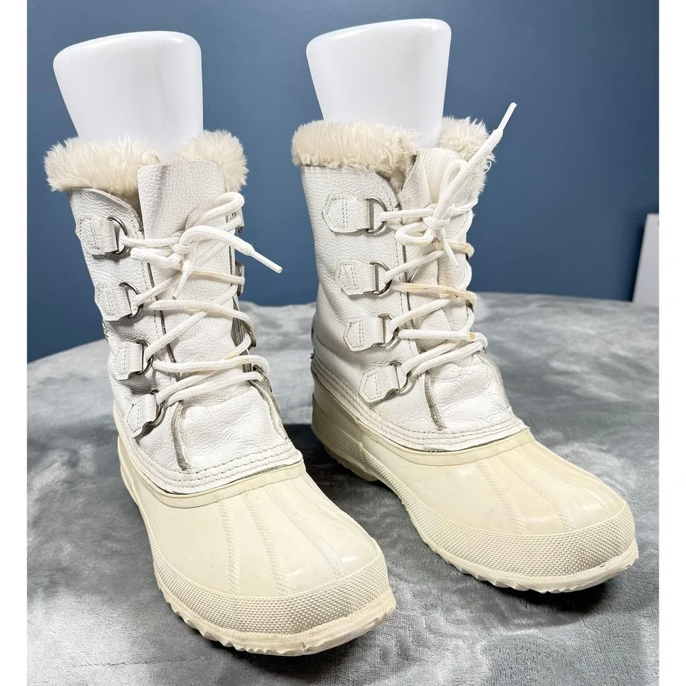 Sorel Manitou Boots Womens Size 8 White Leather Wool Lined Winter Snow Lace Up